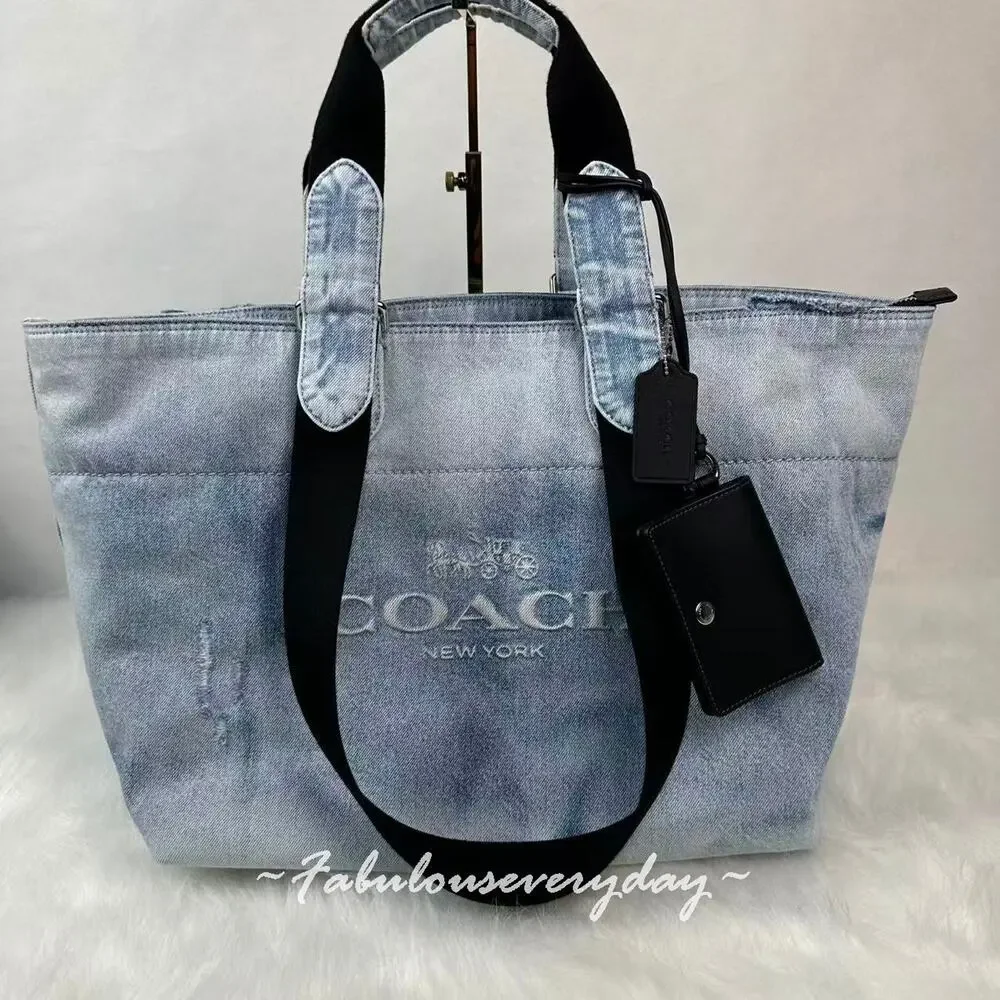 Coach Men's Small Tour Tote Bag In Loved Denim With Charms Sv/Light Indigo CDY49 - Picture 2 of 10